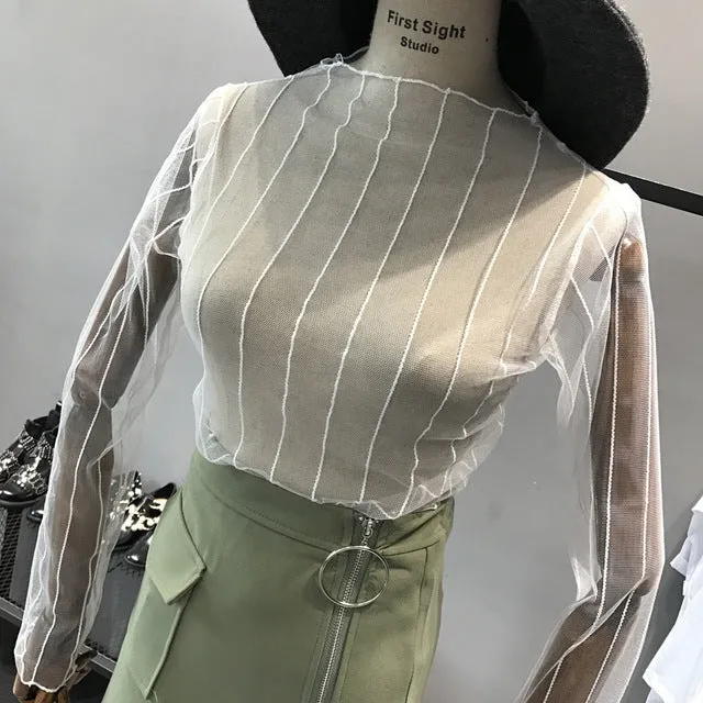 Sexy Hollow Out Women Mesh Tops New 2017 Korean Fashion Blouse Shirt Lace Mesh Undershirt Transparent Spring Basic Tops Blusas