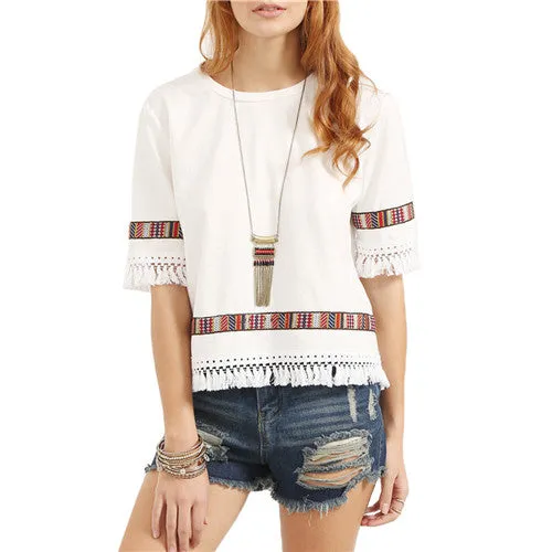 SHEIN Beige Vintage Embroidered Fringe Blouses Summer Womens Casual Tops Round Neck Half Sleeve Patchwork Blouse