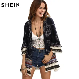 SHEIN Casual Womens Tops for Summer Ladies Three Quarter Length Sleeve Multicolor Print Fringe Pom-pom Decorated Kimono