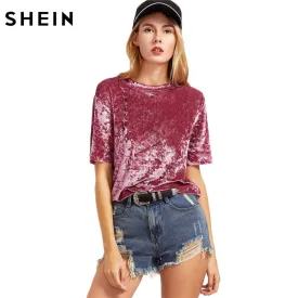 SHEIN Female Ladies Casual Tops Women Tops for Spring Vintage Blouse Pink Drop Shoulder Short Sleeve Velvet Top C3001