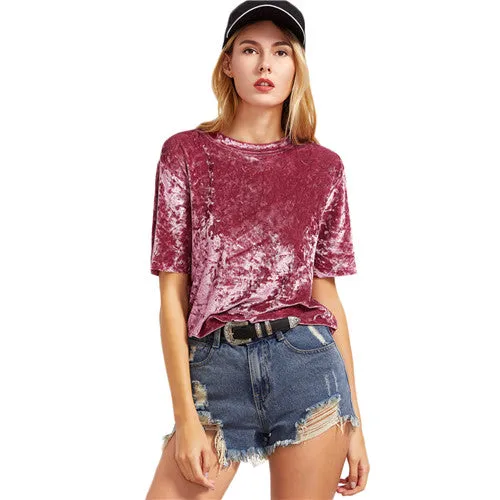 SHEIN Female Ladies Casual Tops Women Tops for Spring Vintage Blouse Pink Drop Shoulder Short Sleeve Velvet Top C3001