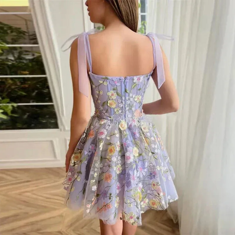 Slash Neck Embroidered Flower Fashion Mesh Suspenders Ladies Elegant Sleeveless Waist Mini Party Sexy Dress