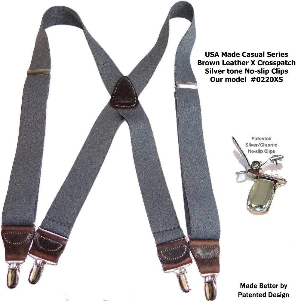 Slate Gray Hold-Ups  Casual Series Suspenders 1 1/2" wide in X-back with USA Patented No-slip Silver Clips