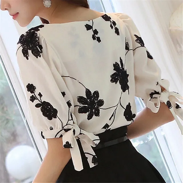 Softu Fashion Women Shirt Blouse Summer Tops Chiffon Casual Shirt O Neck Half Sleeve Floral Printing Female Blusas Clothing