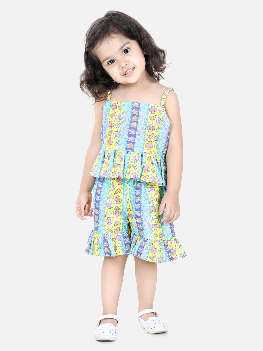 Spaghetti Cotton Top with Shorts for Girls Co Ords - Yellow