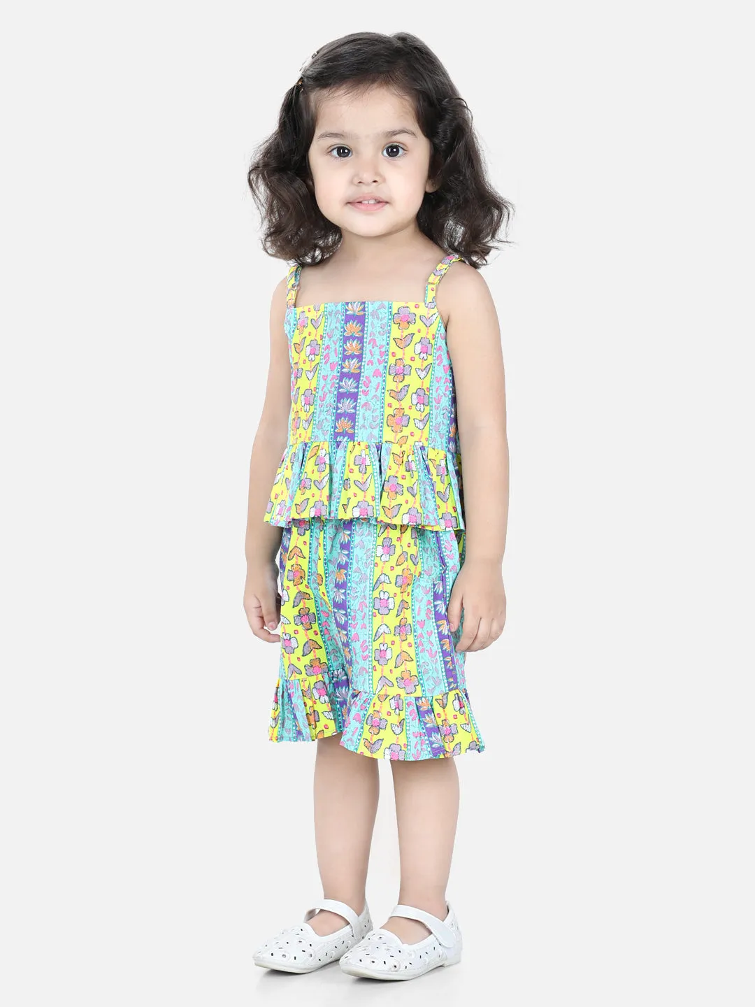 Spaghetti Cotton Top with Shorts for Girls Co Ords - Yellow