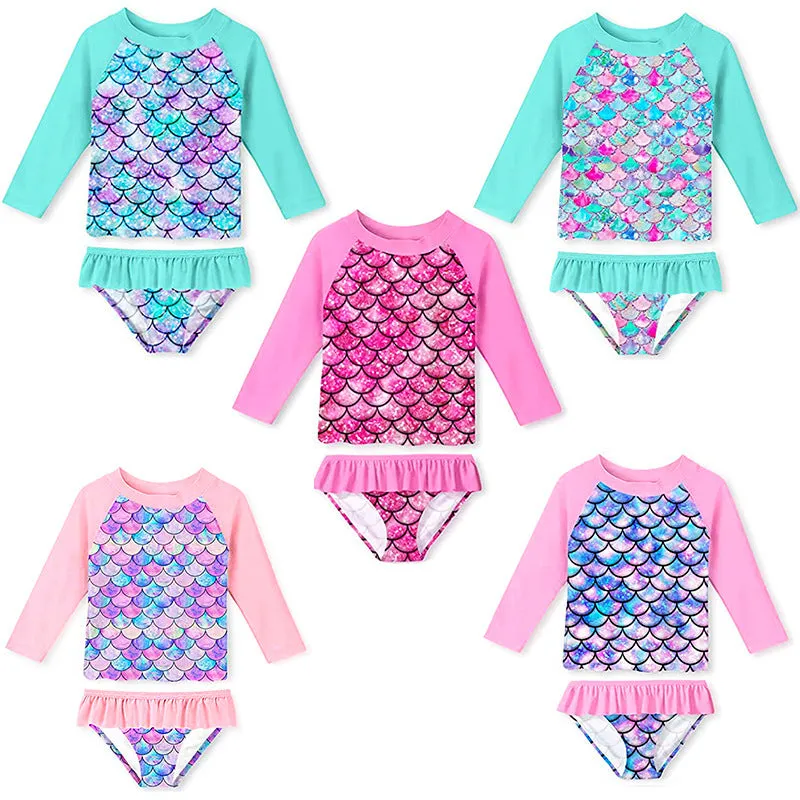 Swimsuit Children's Scale Split  Bikini Long Sleeve Sun Protection Girl Beach  Spring