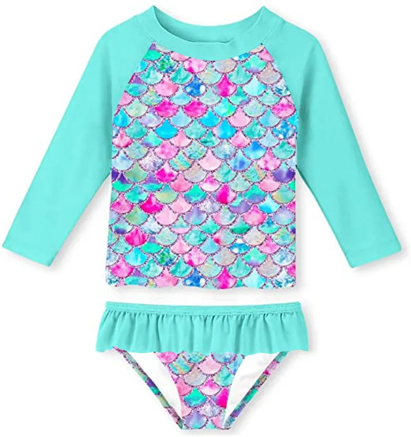 Swimsuit Children's Scale Split  Bikini Long Sleeve Sun Protection Girl Beach  Spring