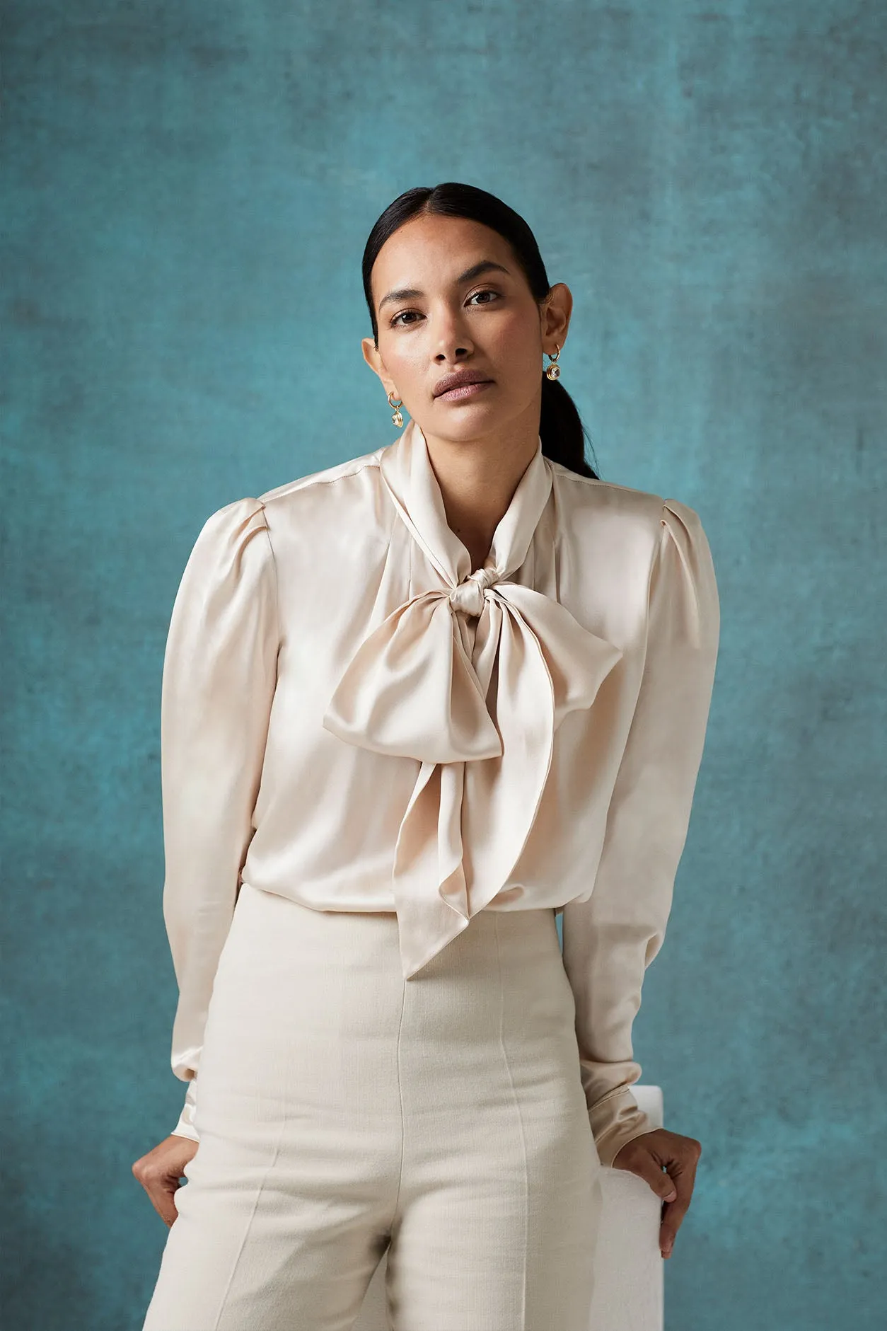 Tie-neck silk satin blouse in Nude - Denisa