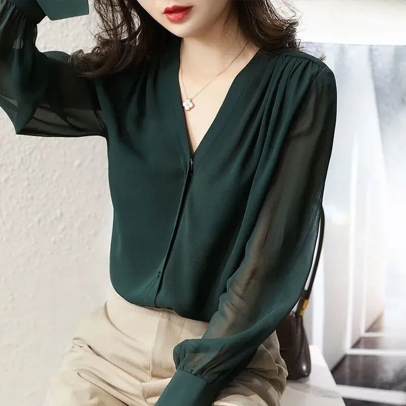 Transparent Chiffon Blouse for Women - Loose Fit V-Neck Summer Top