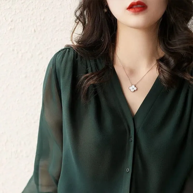 Transparent Chiffon Blouse for Women - Loose Fit V-Neck Summer Top