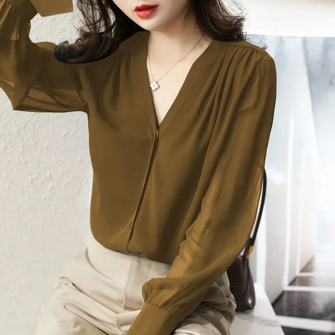 Transparent Chiffon Blouse for Women - Loose Fit V-Neck Summer Top