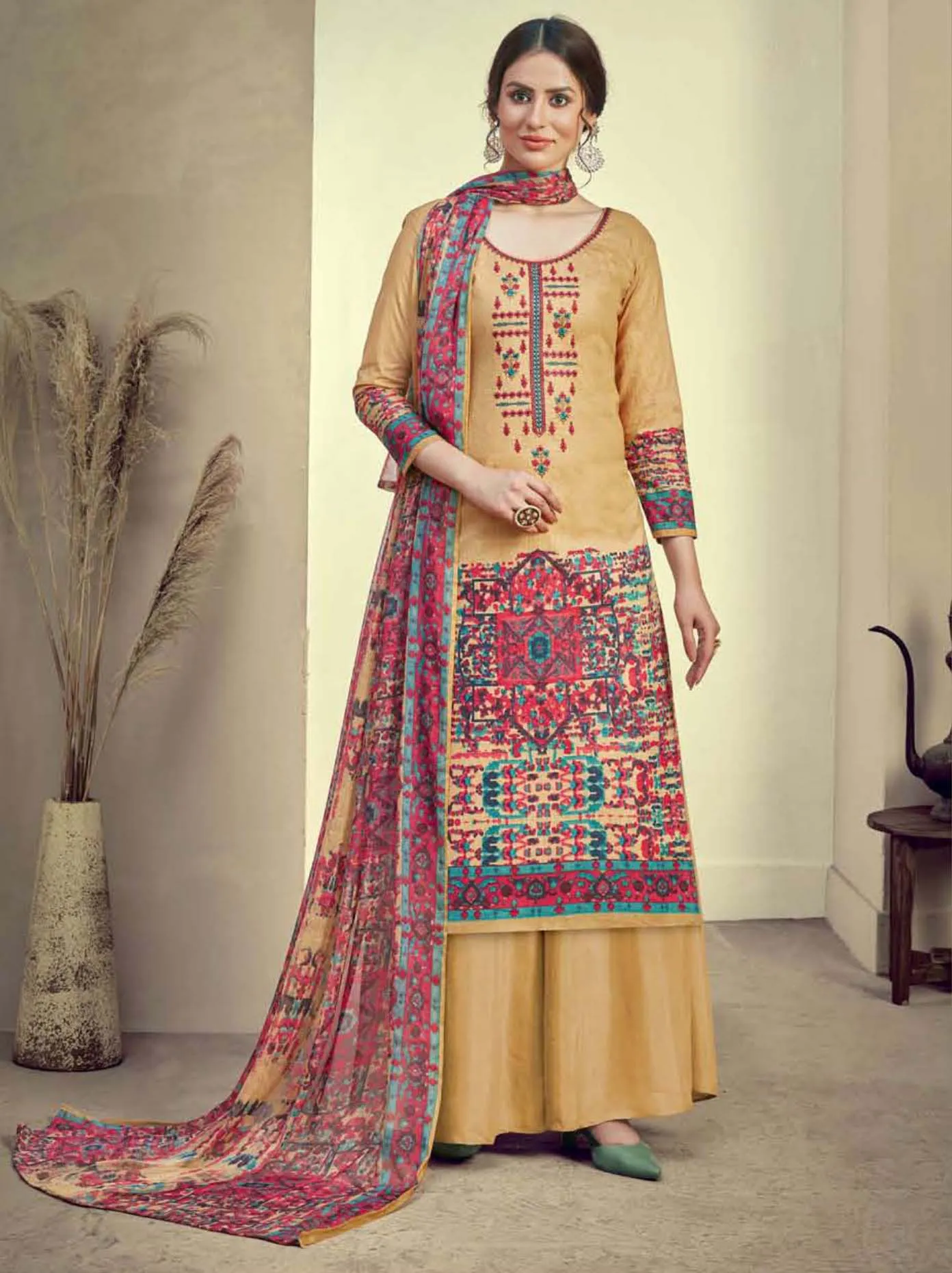 Unstitched Brown Cotton Embroidery Suits Dress Material