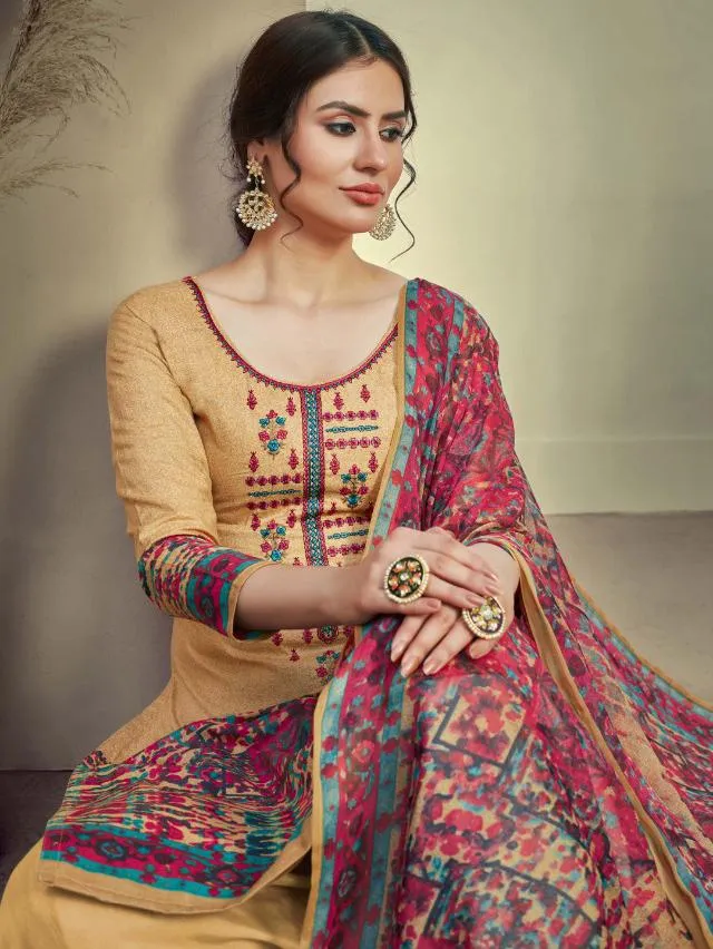 Unstitched Brown Cotton Embroidery Suits Dress Material