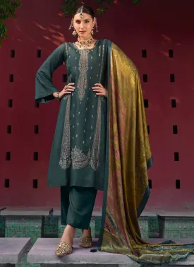 Unstitched Green Woolen Pashmina Winter Suit with Embroidery