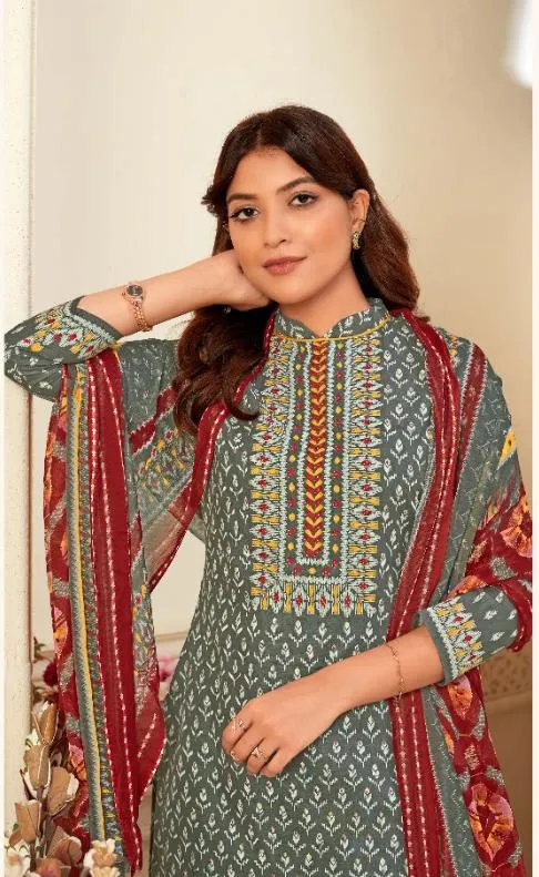 Unstitched Grey Salwar Suits Material with Chiffon Dupatta for Woman