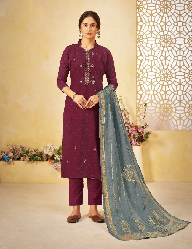 Unstitched Lawn Maroon Cotton Pant Style Suit Dress Material With Dupatta