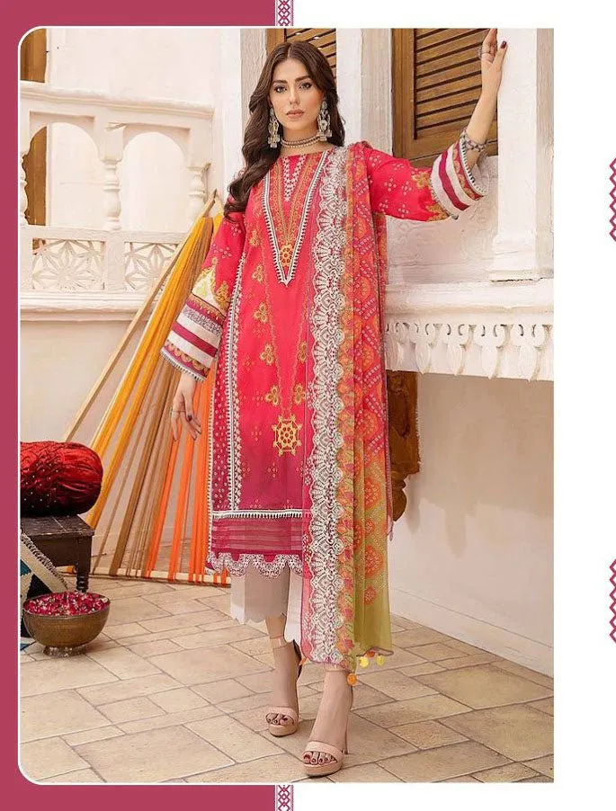 Unstitched Orange Pakistani Style Lawn Cotton Dress Material