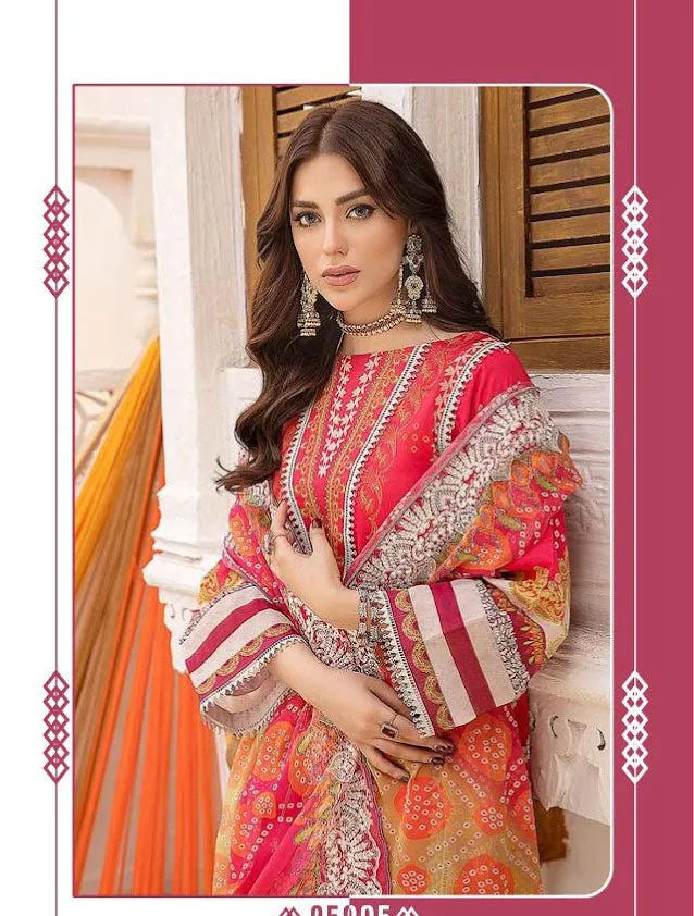 Unstitched Orange Pakistani Style Lawn Cotton Dress Material