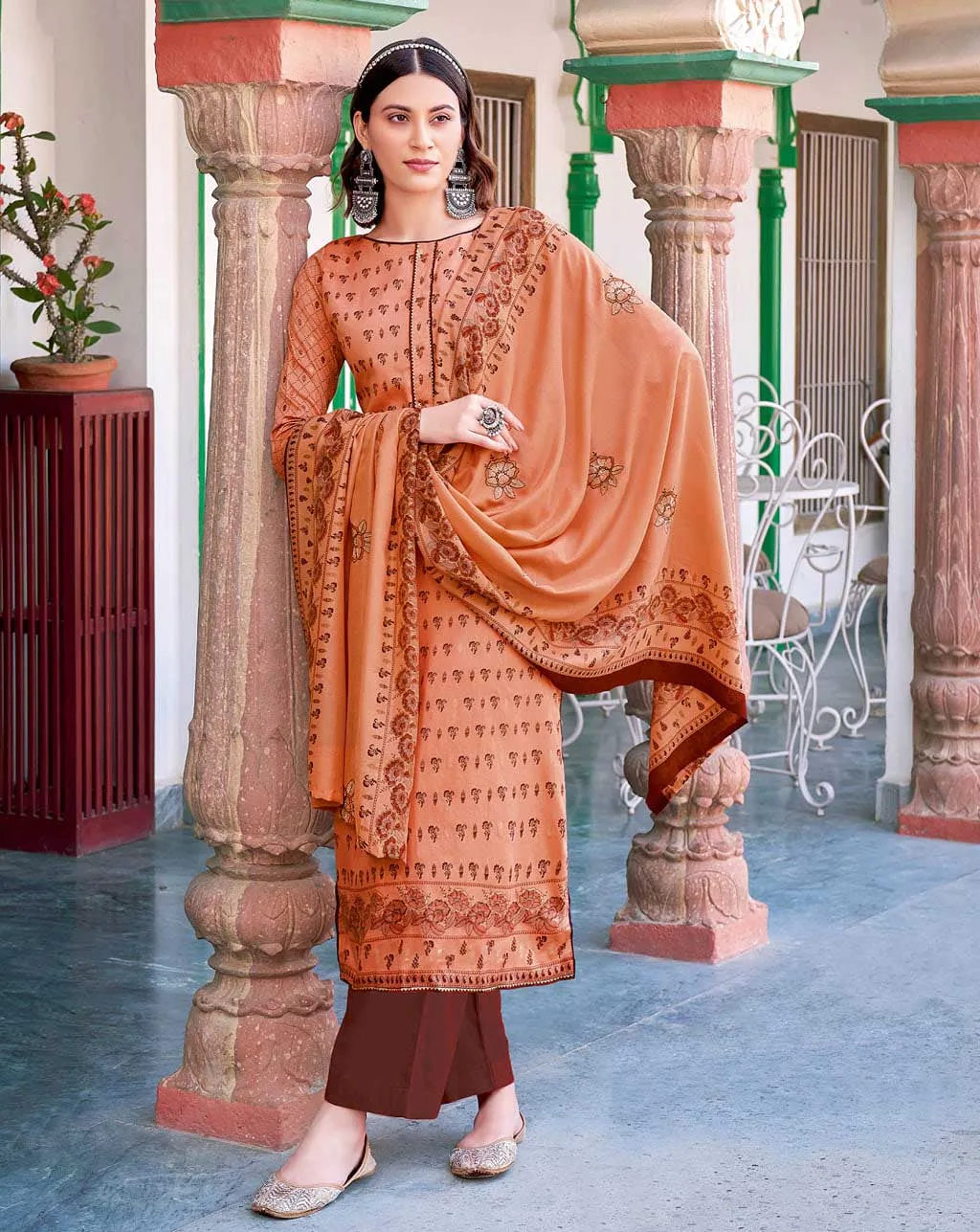 Unstitched Orange Pure Cotton Suits Dress Material