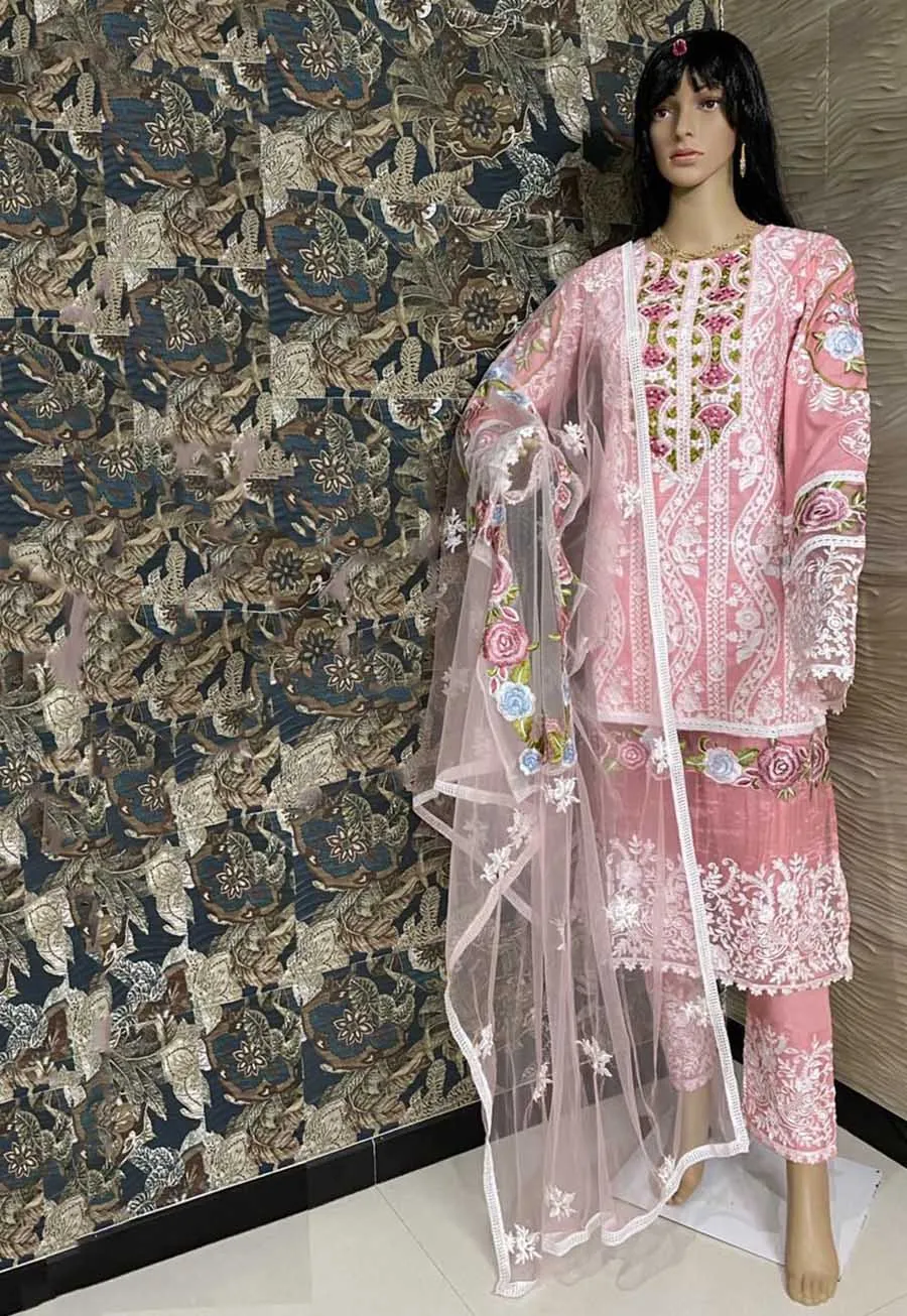 Unstitched Pink Pakistani Style Salwar Suits Lawn Cotton Dress Material