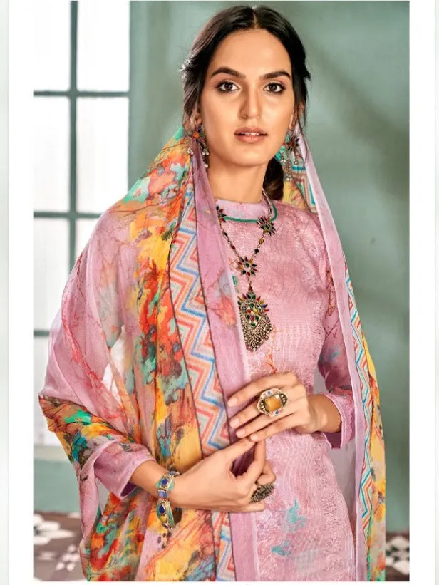 Unstitched Printed Pink Ladies cotton Suits With Chiffon dupatta