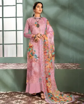 Unstitched Printed Pink Ladies cotton Suits With Chiffon dupatta