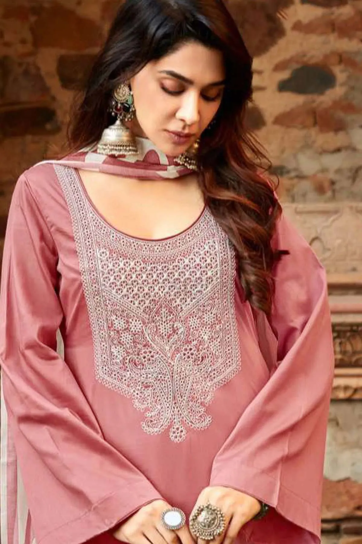 Unstitched Pure Cotton Satin Salwar Suit Material with Embroidery