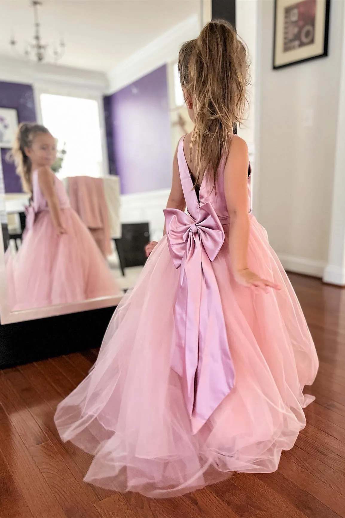 V-Neck Dusty Rose Floor Length Flower Girl Dress