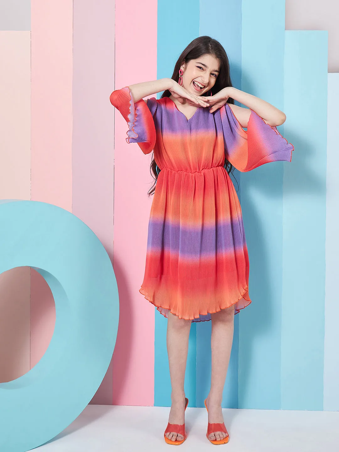 V-Neck Tie And Dye Striped Flared Sleeve Fit Flare Dress