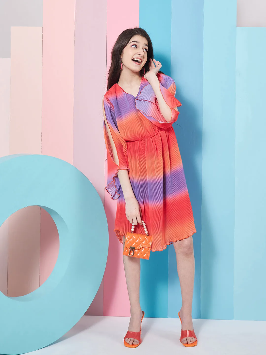 V-Neck Tie And Dye Striped Flared Sleeve Fit Flare Dress