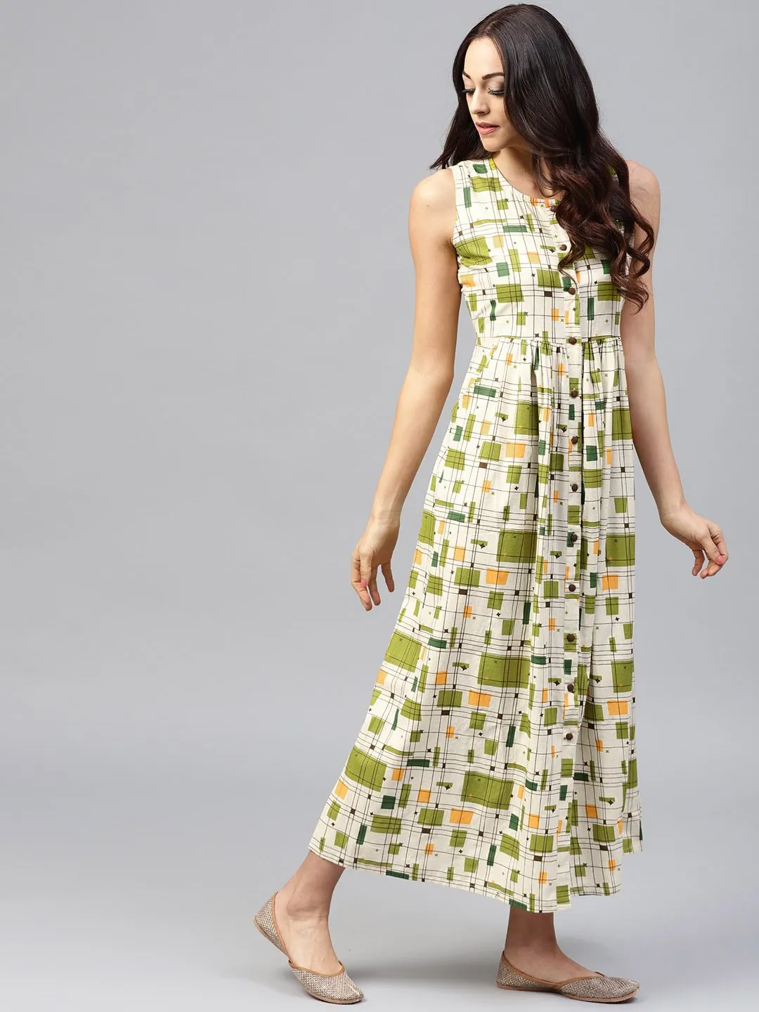 White Printed Sleeveless Dress With Front Placket And Round Neck