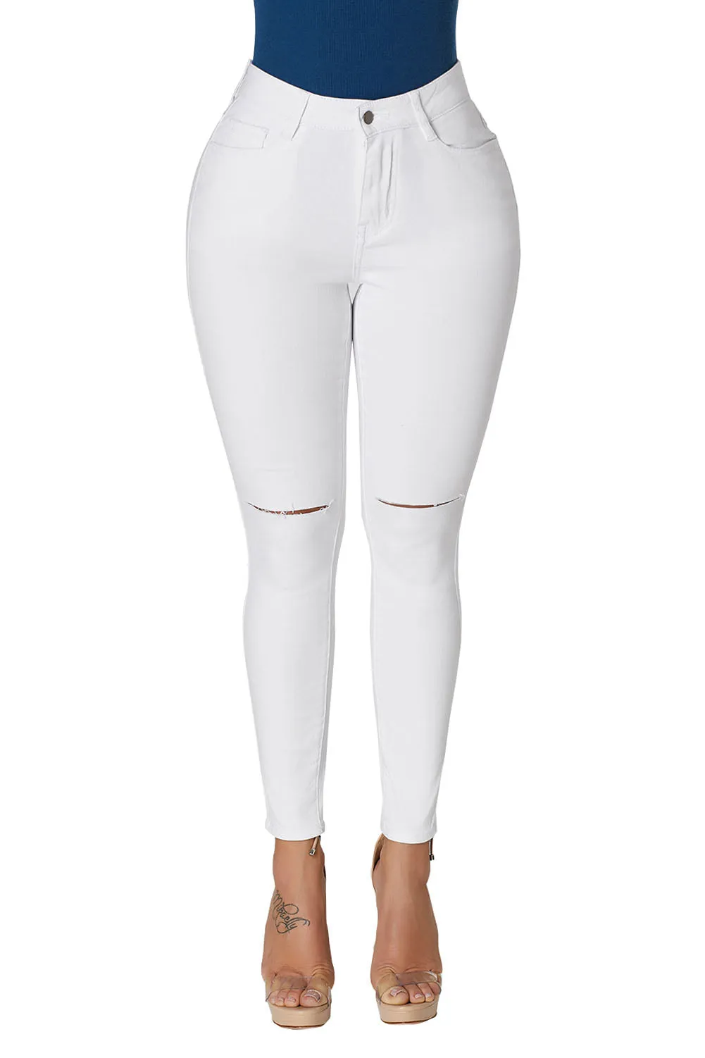 White Trendy Slit Knee Denim Pants