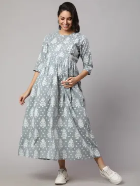 Women Grey Ethnic Printed Maternity Dress