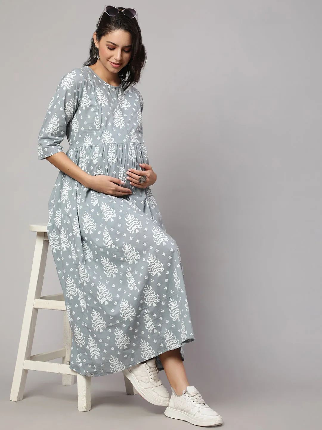 Women Grey Ethnic Printed Maternity Dress