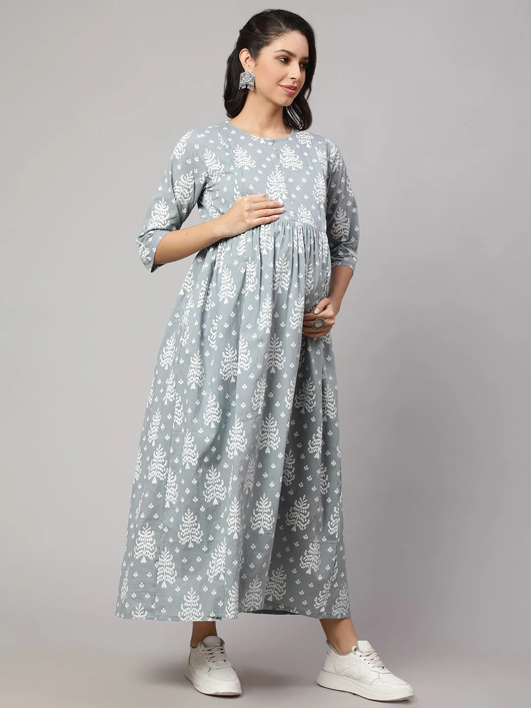 Women Grey Ethnic Printed Maternity Dress