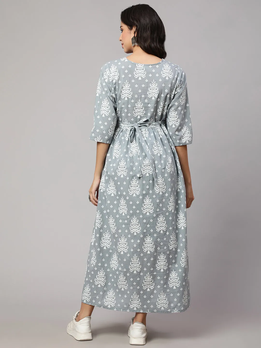 Women Grey Ethnic Printed Maternity Dress