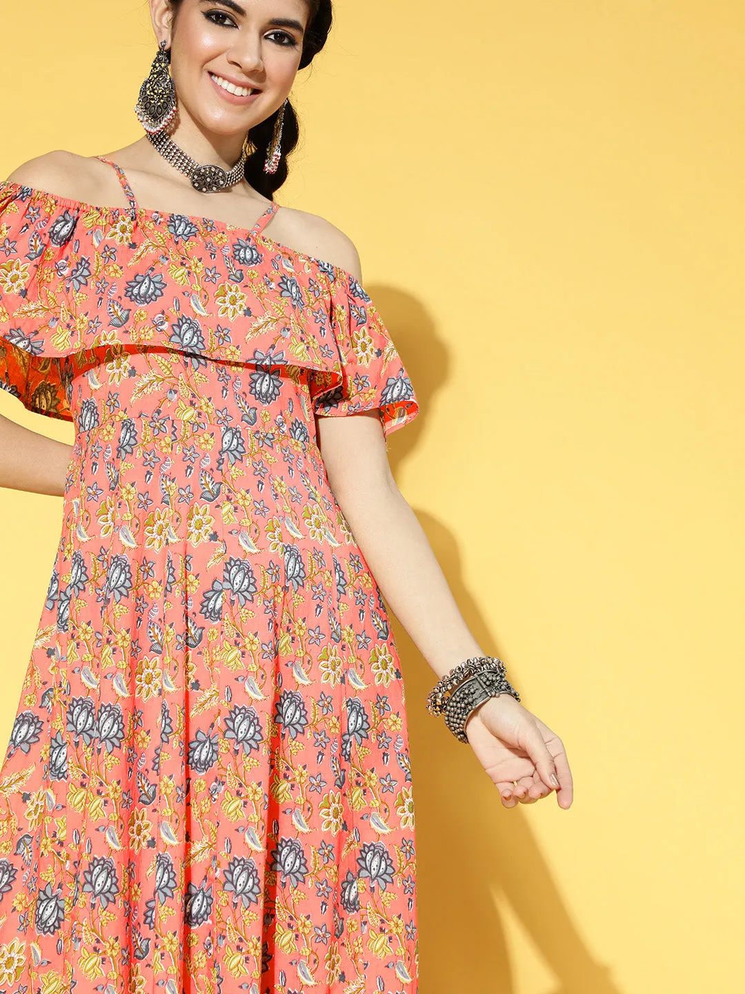 Women Peach-Coloured & Blue Floral Printed Off-Shoulder Pure Cotton Maxi Dress