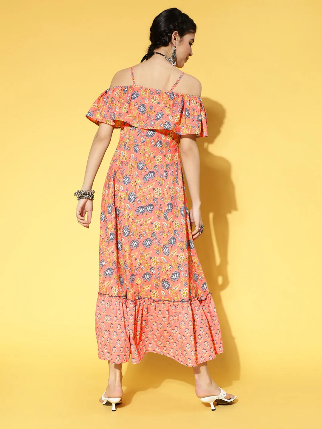 Women Peach-Coloured & Blue Floral Printed Off-Shoulder Pure Cotton Maxi Dress