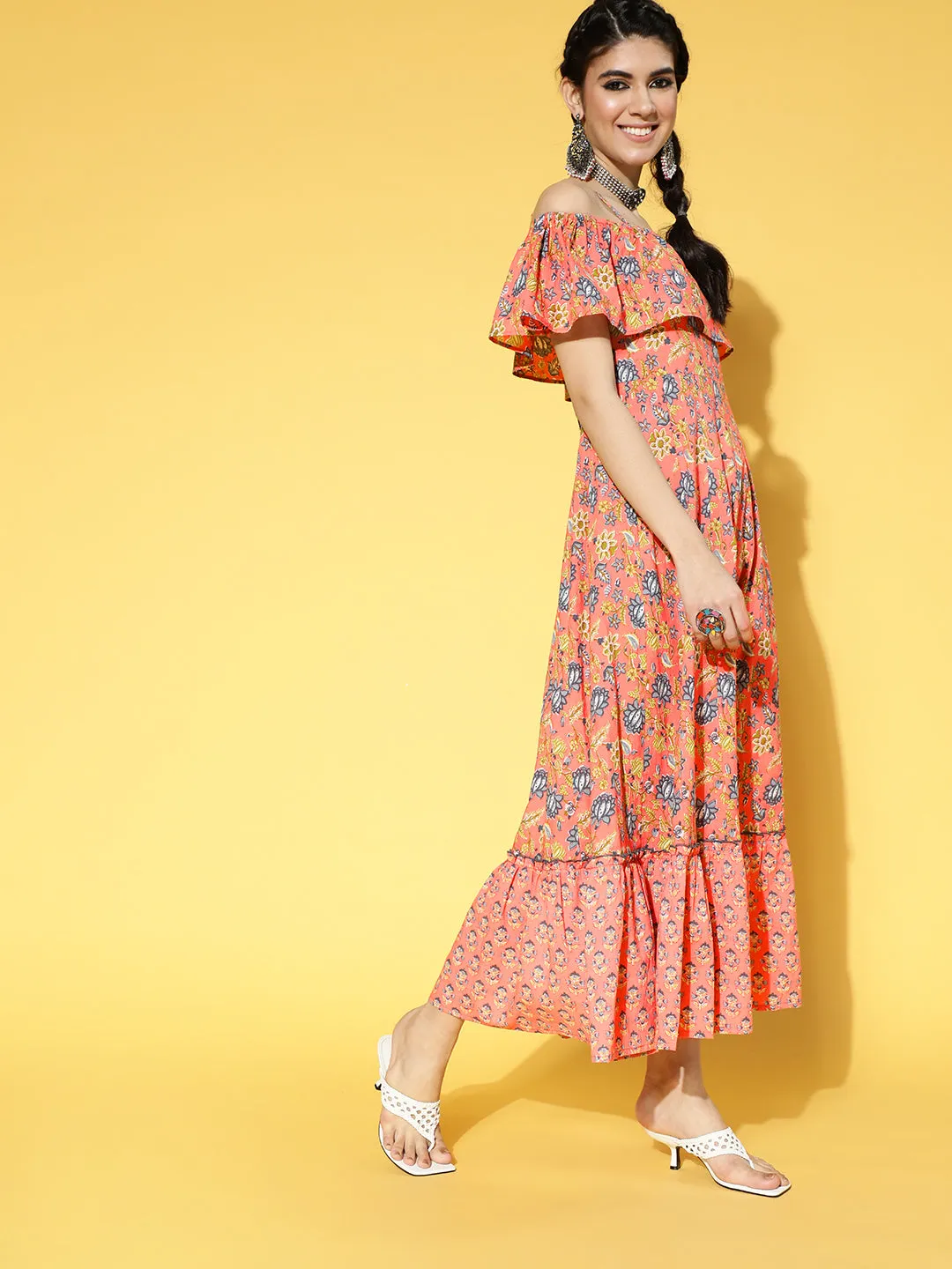 Women Peach-Coloured & Blue Floral Printed Off-Shoulder Pure Cotton Maxi Dress