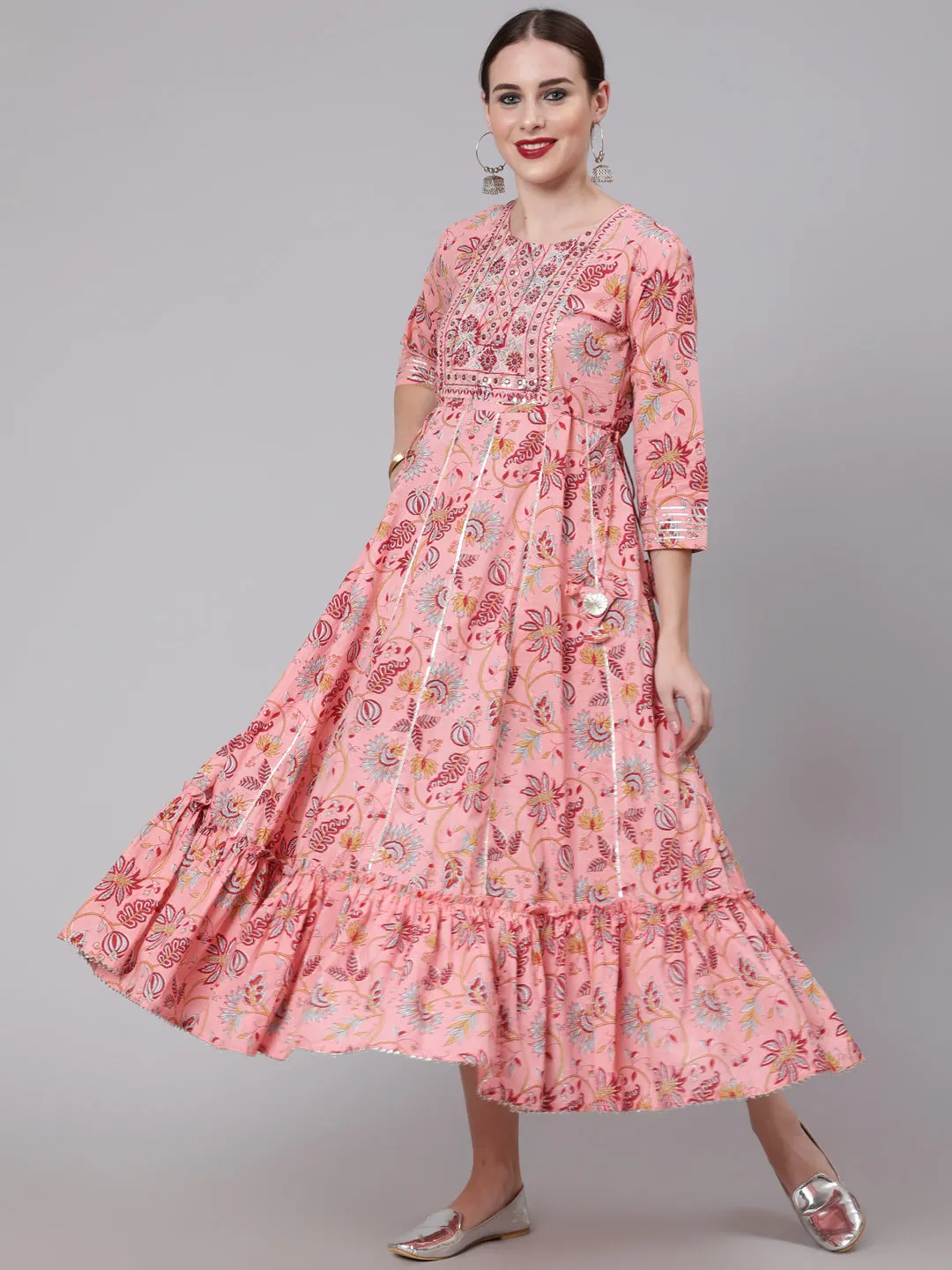 Women Peach Printed Embroidered Dress With Three Quarter Sleeves