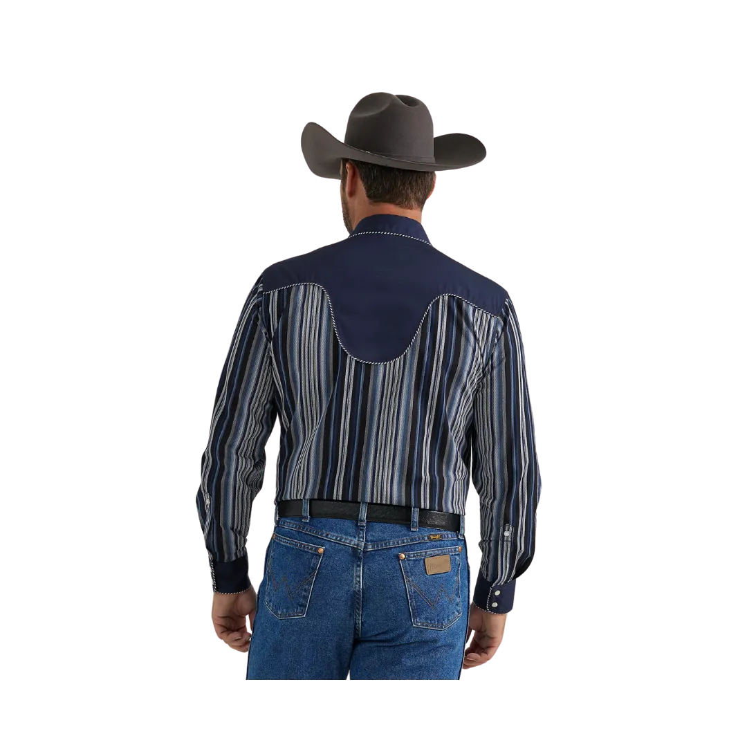 Wrangler Men's Rodeo Ben Western Snap Navy Stripes Shirt