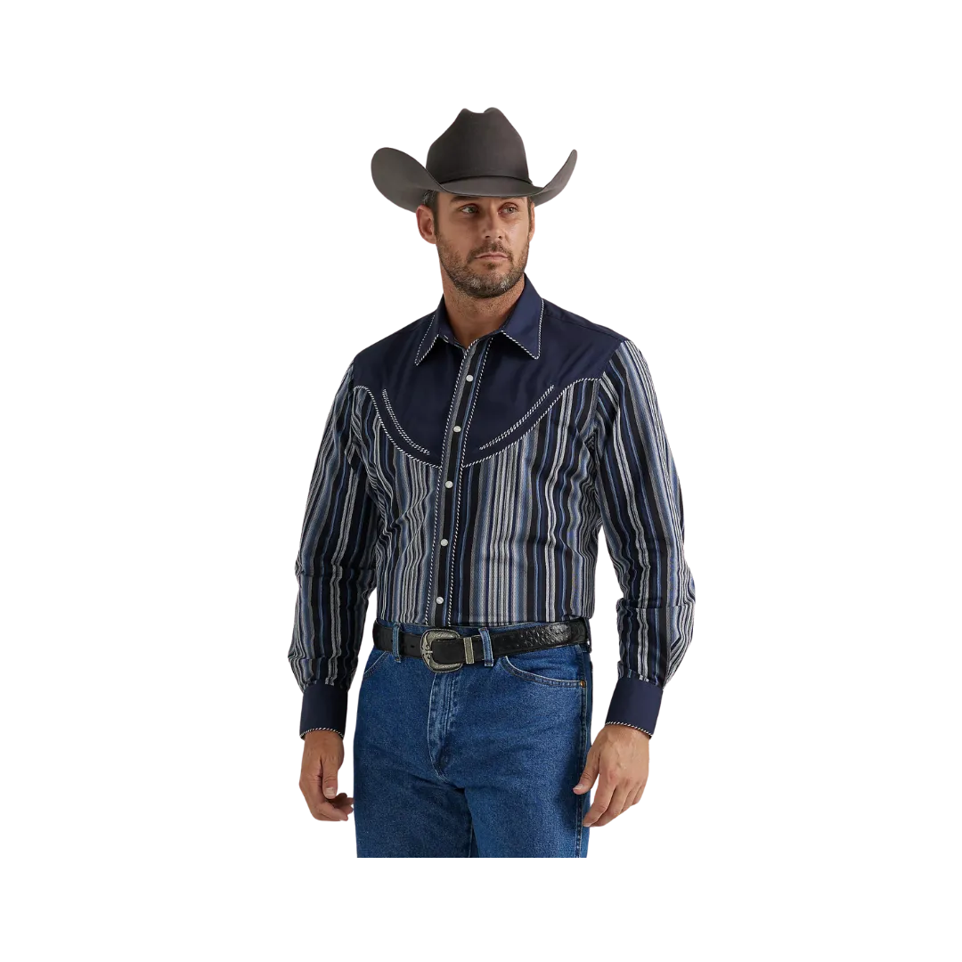 Wrangler Men's Rodeo Ben Western Snap Navy Stripes Shirt