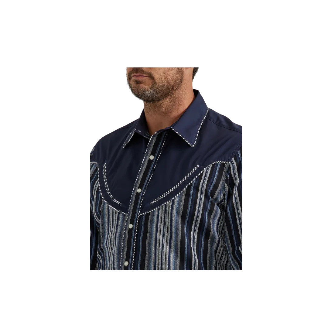 Wrangler Men's Rodeo Ben Western Snap Navy Stripes Shirt