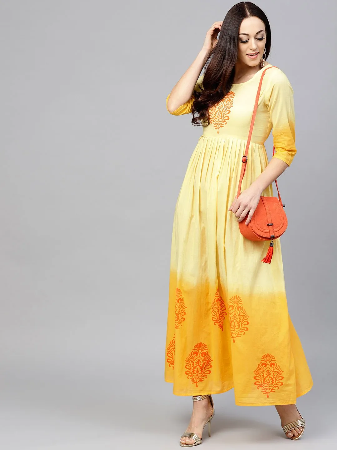 Yellow Ombre Dyed Maxi Dress With Round Neck And 3/4 Sleeves