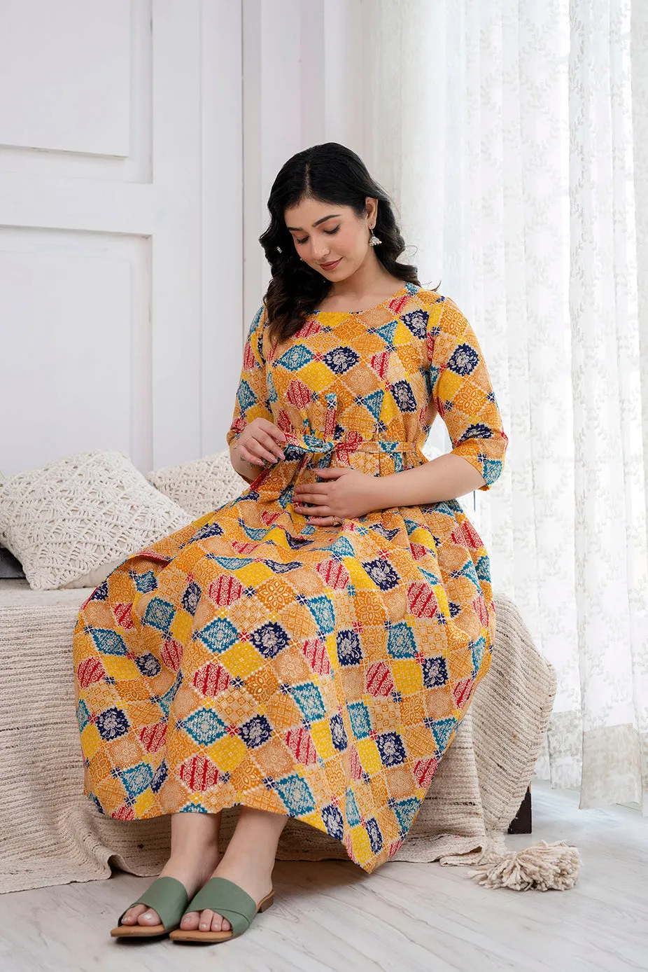 Yellow Printed Maternity Dress For Women