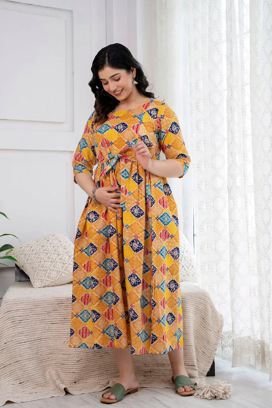 Yellow Printed Maternity Dress For Women